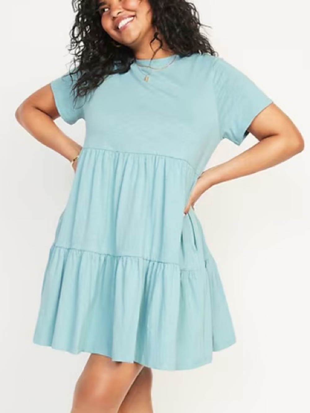 Old Navy Women 2X Blue Pockets Short-Sleeve Tiered Slub-Knit Mini Swing Dress